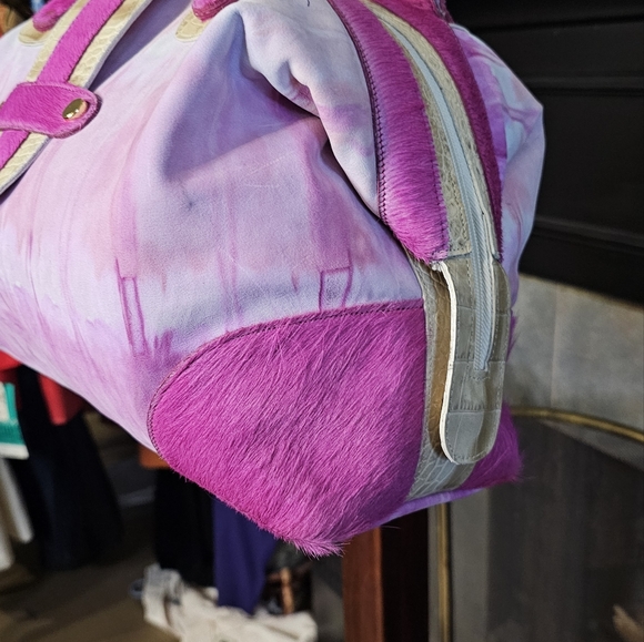 Sold Fabric & Cowhide Tie Dye Pink Satchel Handbag Purse - Picture 7 of 12